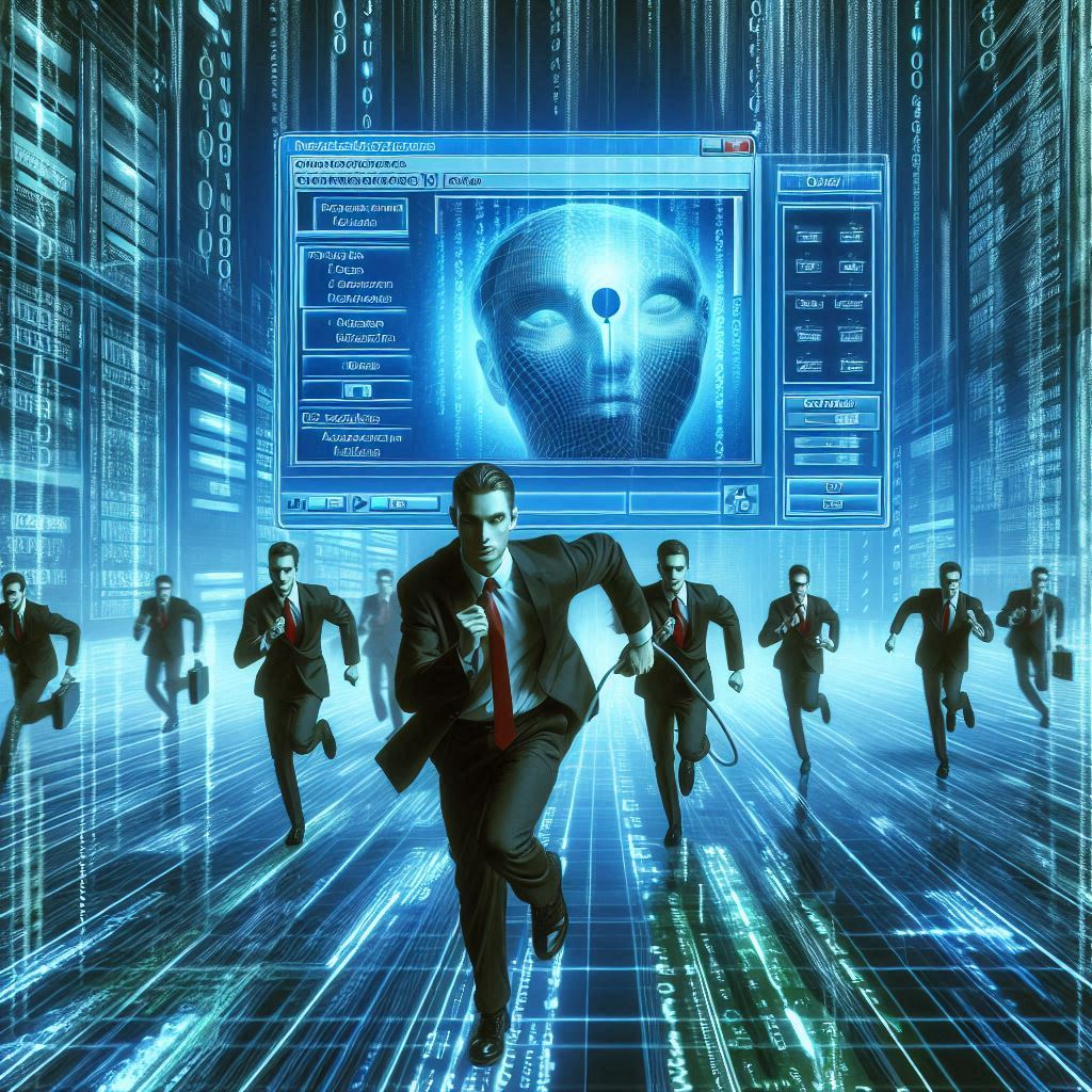 Home - You Can'T Afford Not To Have Cyberwolf As Your Cyber Service Provider Now! 10 An Image Of A Software Men Running Around In A Network Patching Software With Matrix Theme